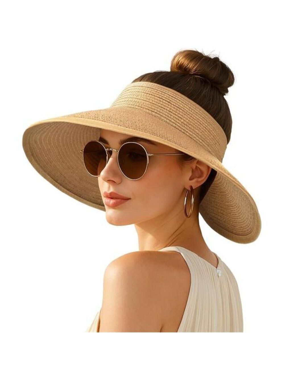 Wide Brim Straw Sun Visor Hat Women Ponytail UV Protection Foldable Beach